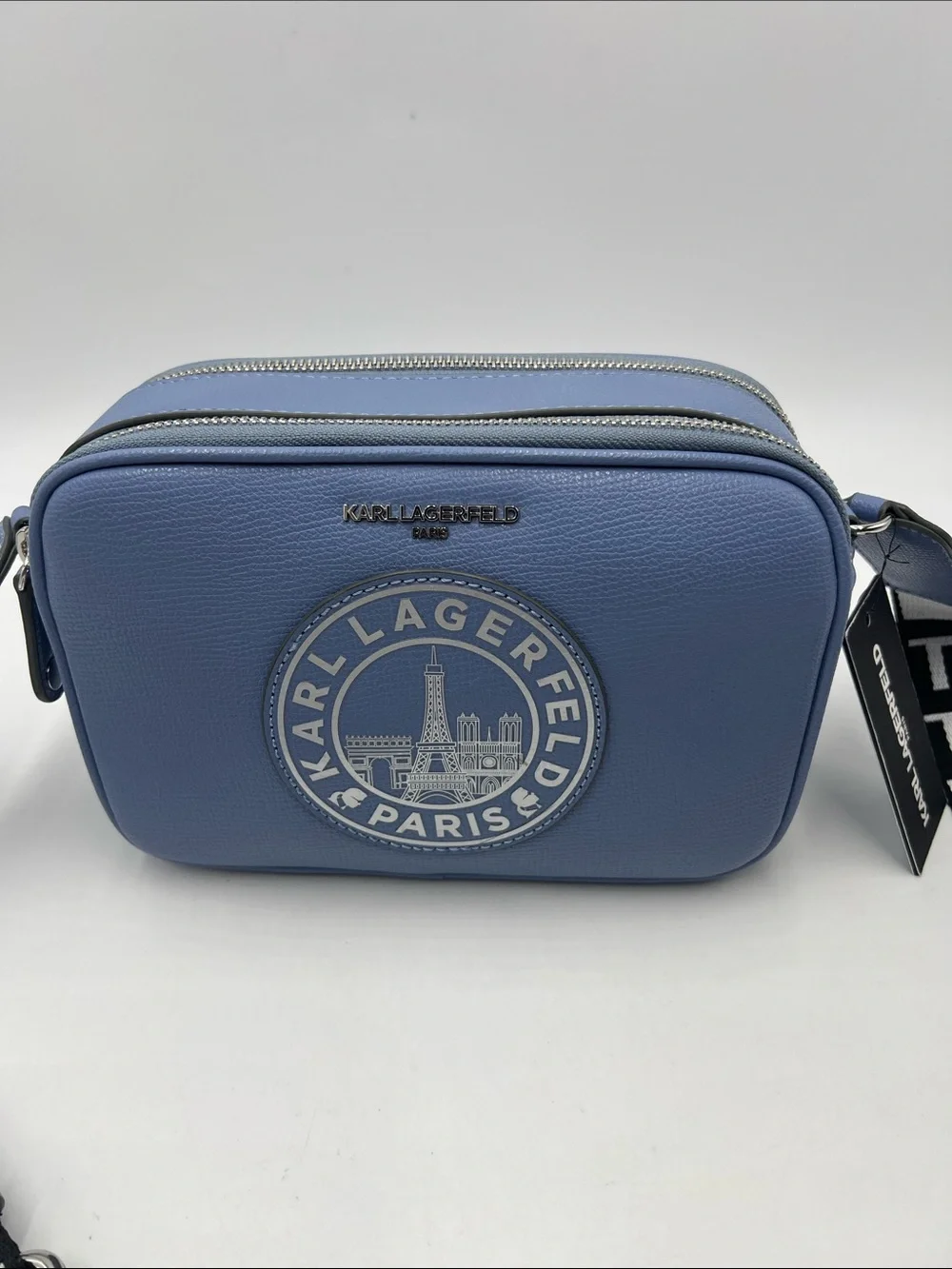 Karl Lagerfeld Perforated Logo Blue Leather Camera Bag with Branded Strap